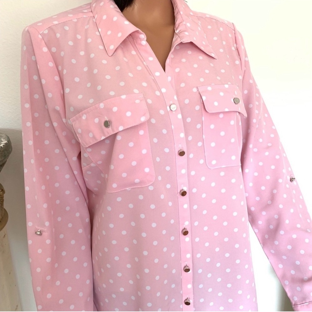 Pink Polka Dot Button-Front Utility Blouse with Silver Buttons and Chest Pockets - Picture 10 of 10